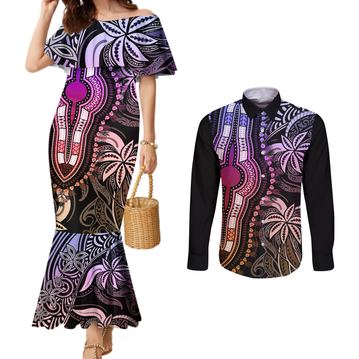 polynesia-dashiki-couples-matching-mermaid-dress-and-long-sleeve-button-shirts-polynesia-and-africa-traditional-special-together-pastel