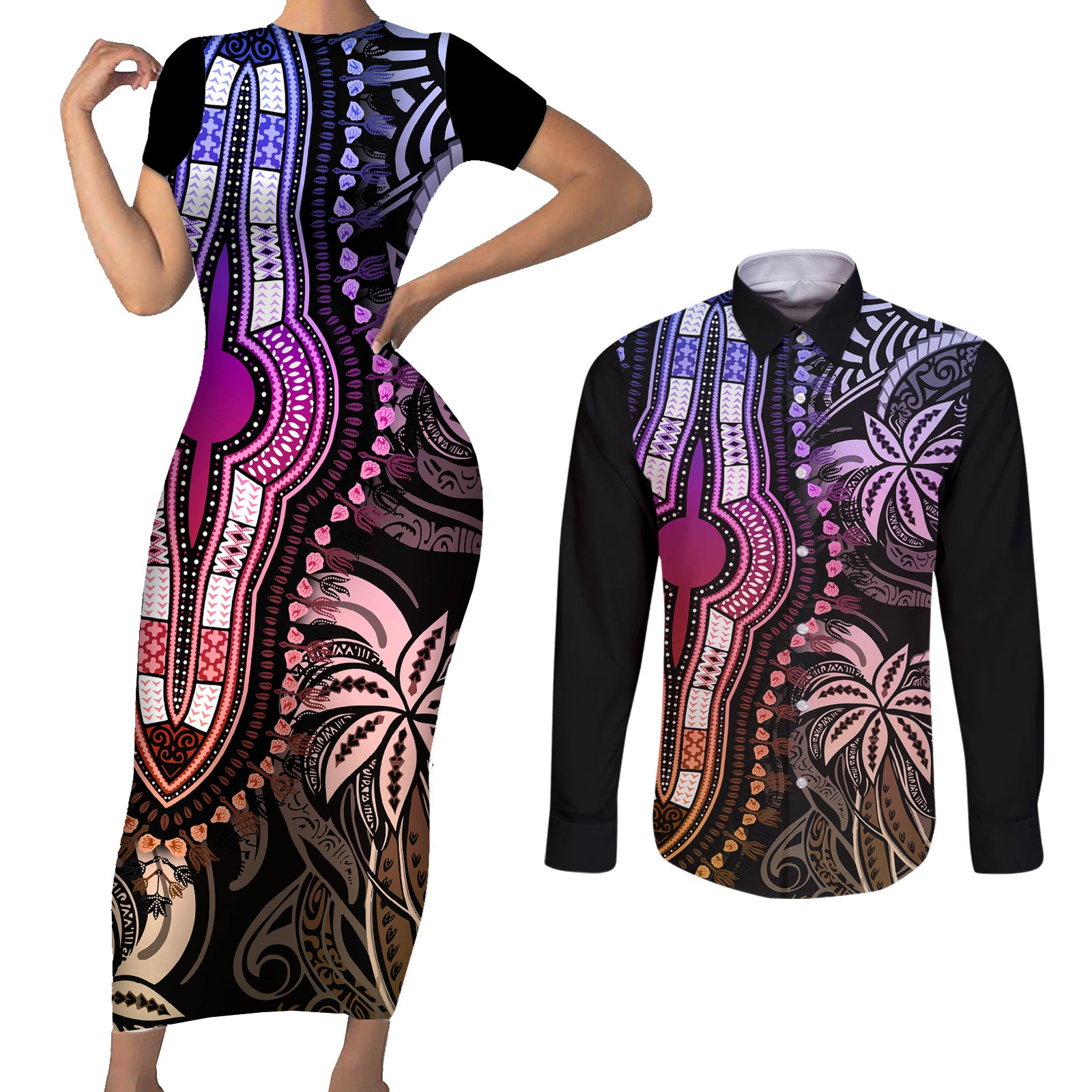 Polynesia Dashiki Couples Matching Short Sleeve Bodycon Dress and Long Sleeve Button Shirts Polynesia and Africa Traditional Special Together Pastel LT9 Pastel - Polynesian Pride