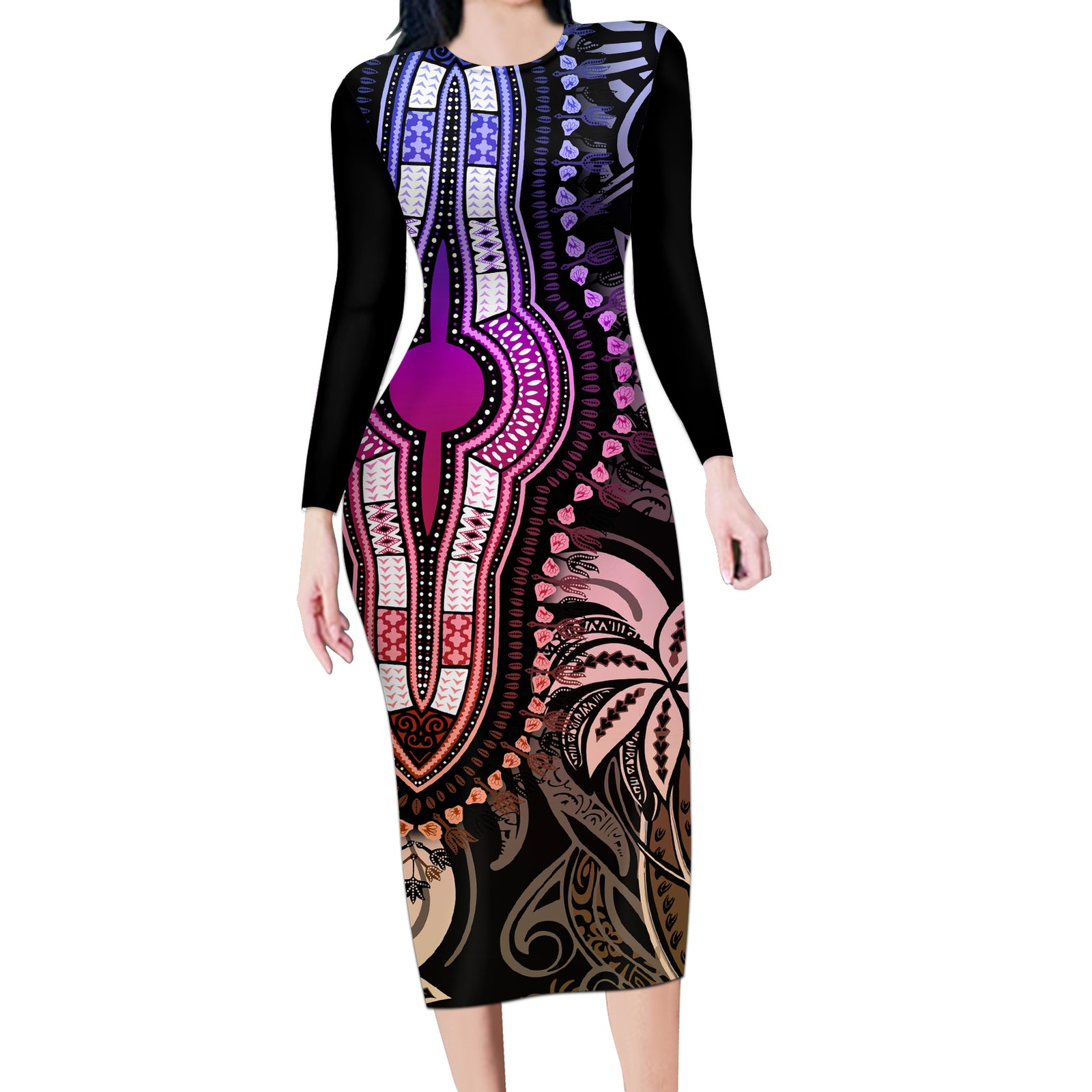 Polynesia Dashiki Long Sleeve Bodycon Dress Polynesia and Africa Traditional Special Together Pastel LT9 Long Dress Pastel - Polynesian Pride