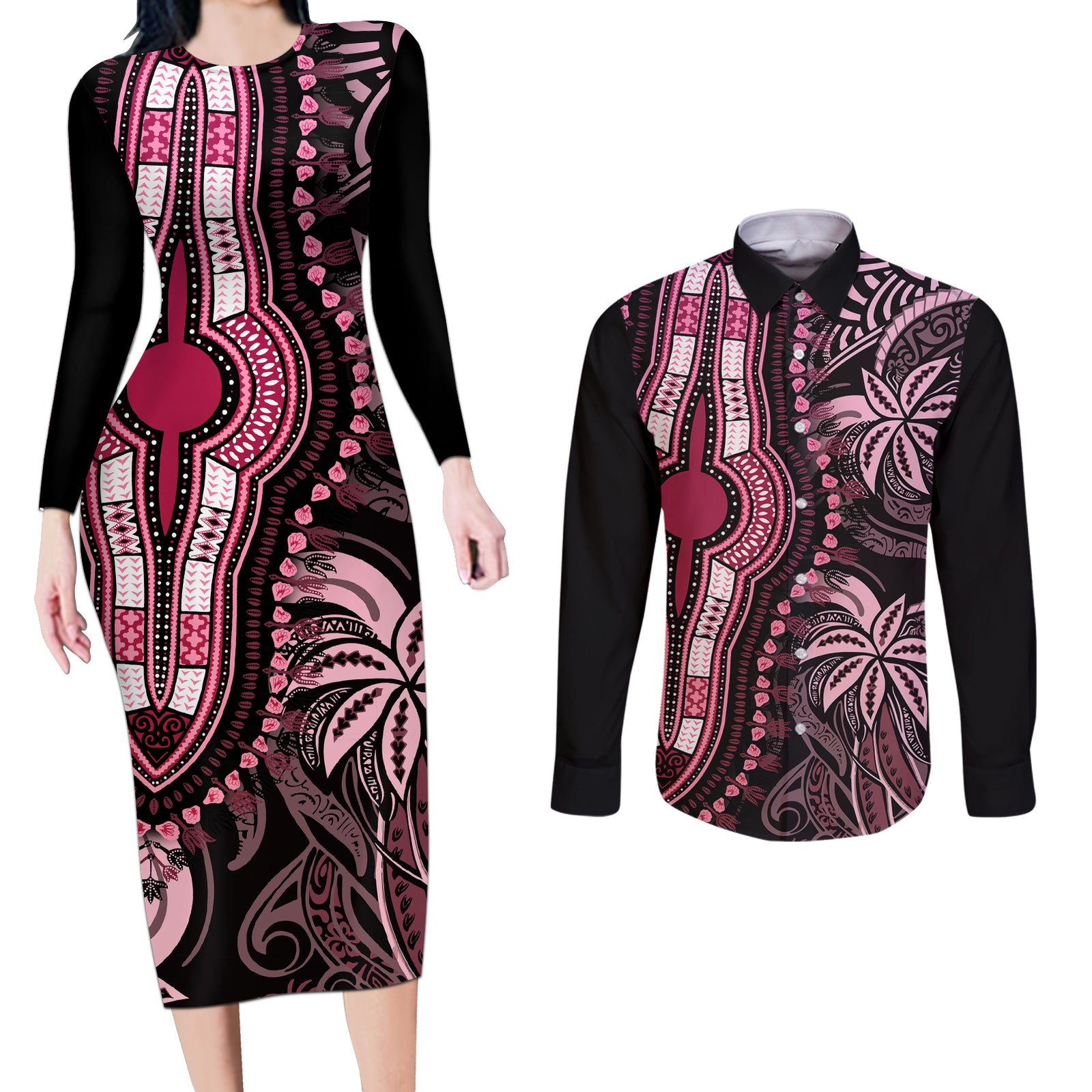 Polynesia Dashiki Couples Matching Long Sleeve Bodycon Dress and Long Sleeve Button Shirts Polynesia and Africa Traditional Special Together Pink LT9 Pink - Polynesian Pride