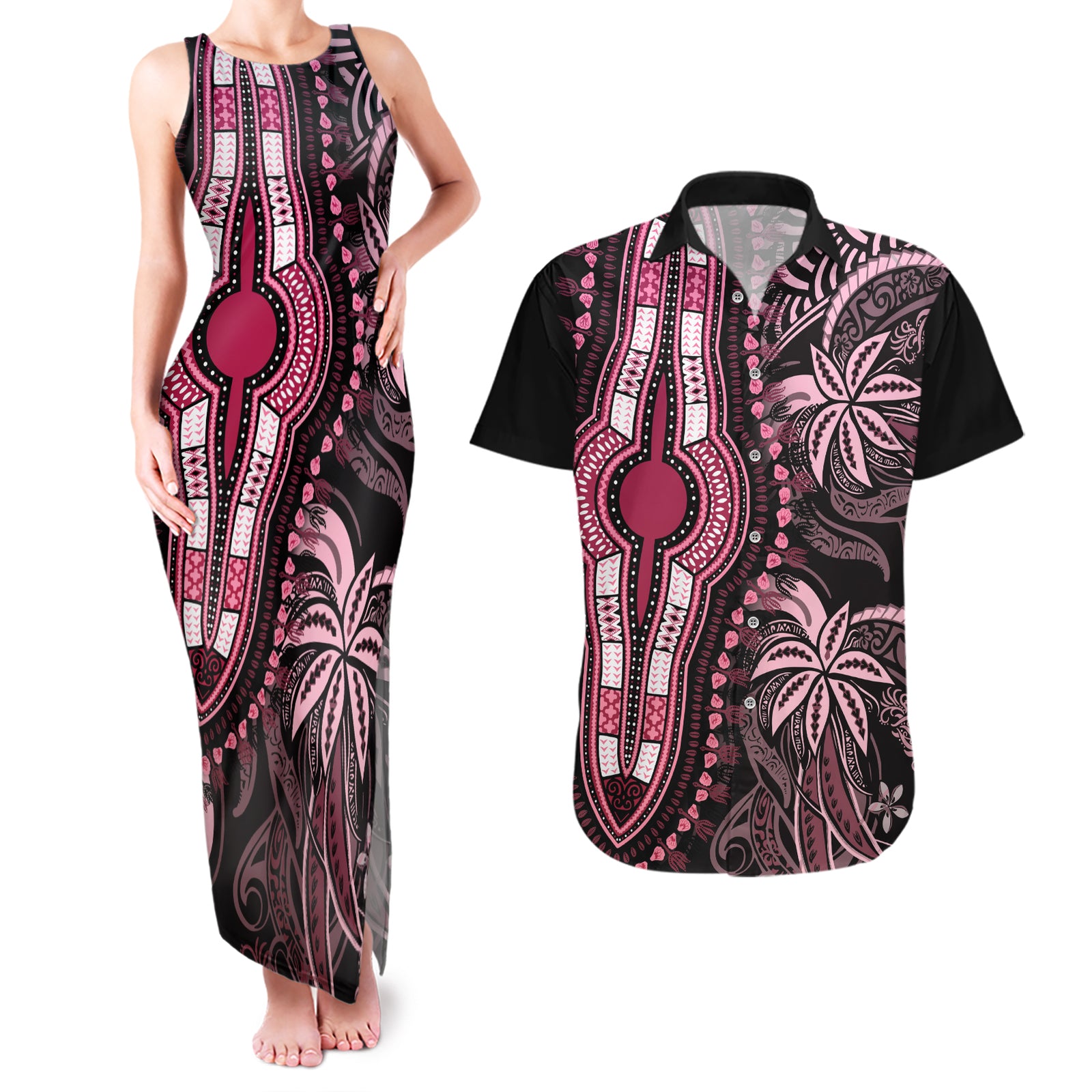 Polynesia Dashiki Couples Matching Tank Maxi Dress and Hawaiian Shirt Polynesia and Africa Traditional Special Together Pink LT9 Pink - Polynesian Pride