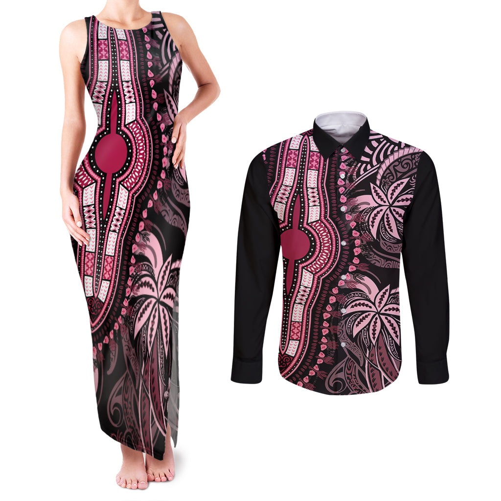 Polynesia Dashiki Couples Matching Tank Maxi Dress and Long Sleeve Button Shirts Polynesia and Africa Traditional Special Together Pink LT9 Pink - Polynesian Pride