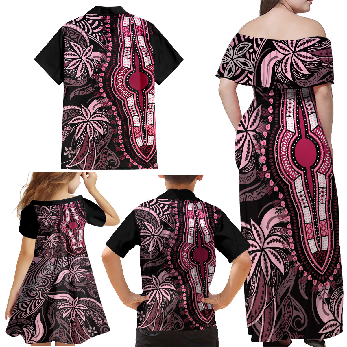 polynesia-dashiki-family-matching-off-shoulder-maxi-dress-and-hawaiian-shirt-polynesia-and-africa-traditional-special-together-pink