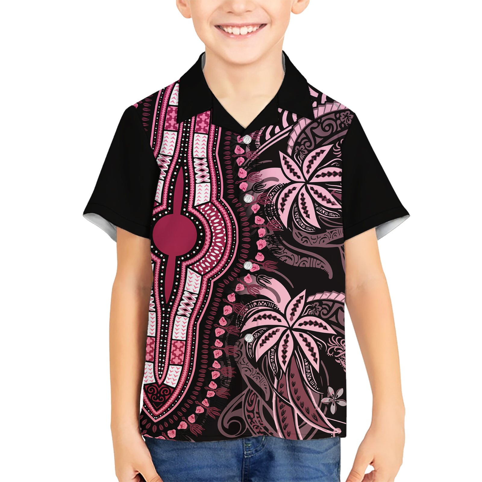 Polynesia Dashiki Kid Hawaiian Shirt Polynesia and Africa Traditional Special Together Pink LT9 Kid Pink - Polynesian Pride