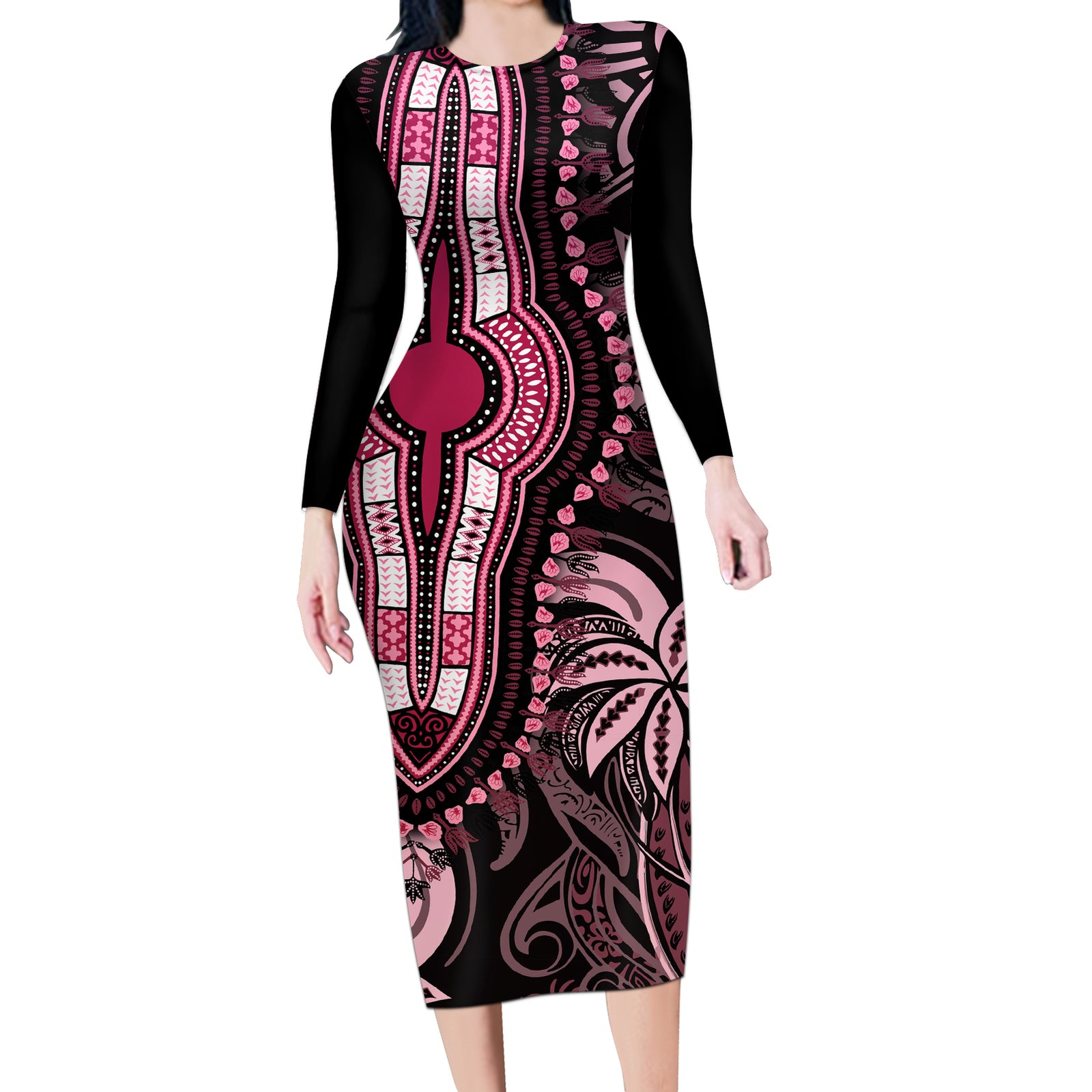 Polynesia Dashiki Long Sleeve Bodycon Dress Polynesia and Africa Traditional Special Together Pink LT9 Long Dress Pink - Polynesian Pride