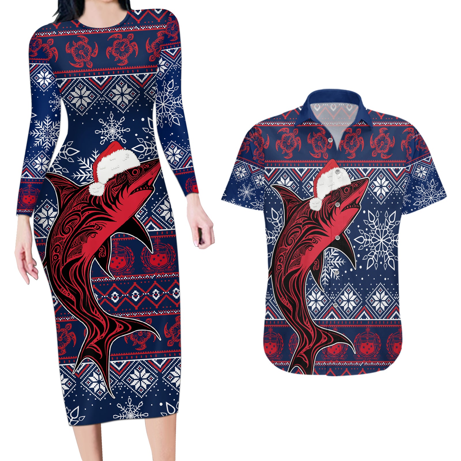 samoa-manuia-le-kirisimasi-couples-matching-long-sleeve-bodycon-dress-and-hawaiian-shirt-samoan-fishing-tribal-pattern-christmas-vibe