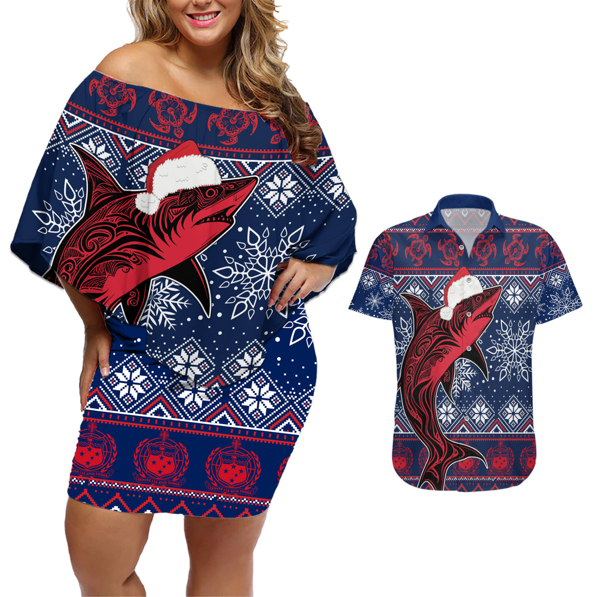 samoa-manuia-le-kirisimasi-couples-matching-off-shoulder-short-dress-and-hawaiian-shirt-samoan-fishing-tribal-pattern-christmas-vibe