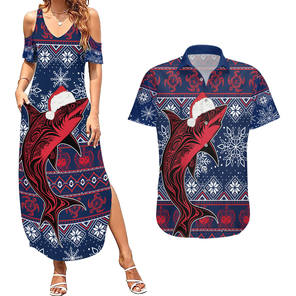 samoa-manuia-le-kirisimasi-couples-matching-summer-maxi-dress-and-hawaiian-shirt-samoan-fishing-tribal-pattern-christmas-vibe