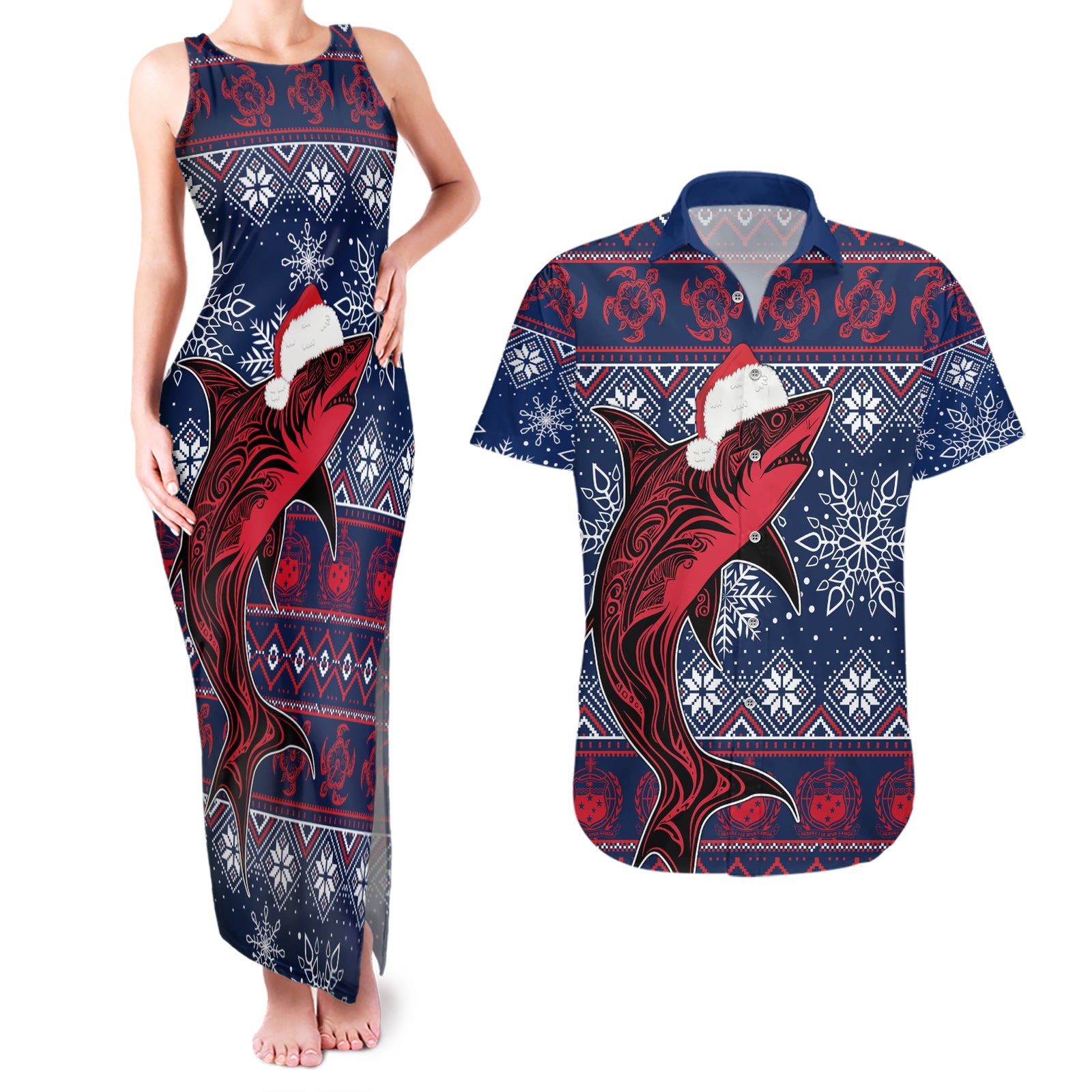 Samoa Manuia Le Kirisimasi Couples Matching Tank Maxi Dress and Hawaiian Shirt Samoan Fishing Tribal Pattern Christmas Vibe LT9 Red - Polynesian Pride