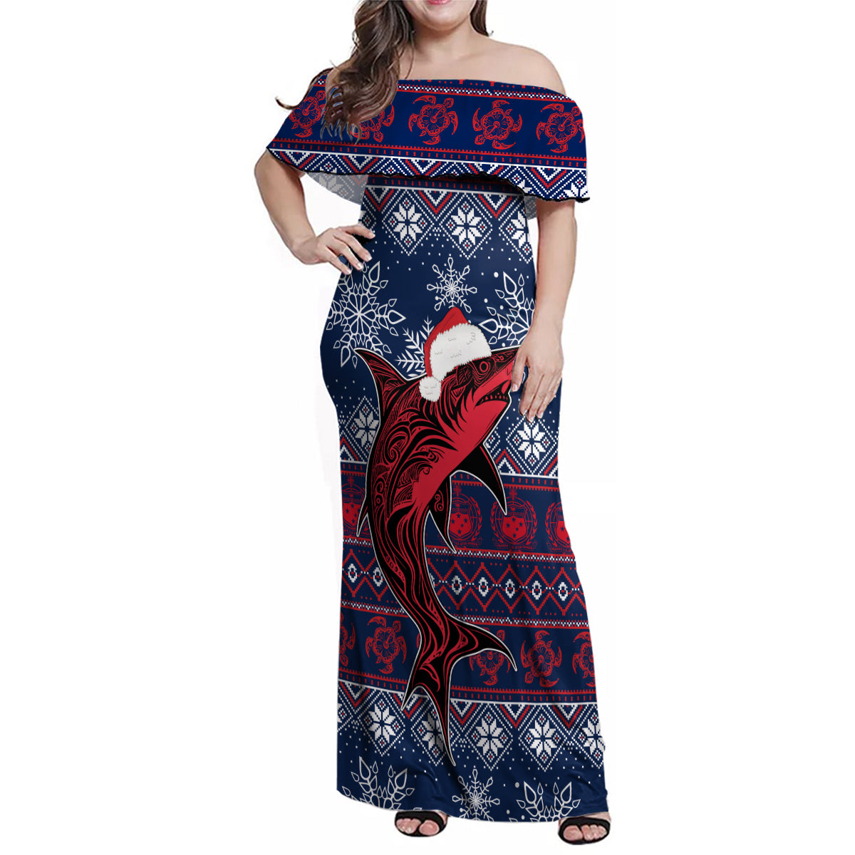 samoa-manuia-le-kirisimasi-family-matching-off-shoulder-maxi-dress-and-hawaiian-shirt-samoan-fishing-tribal-pattern-christmas-vibe