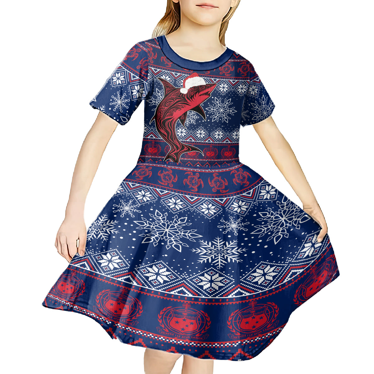 samoa-manuia-le-kirisimasi-kid-short-sleeve-dress-samoan-fishing-tribal-pattern-christmas-vibe