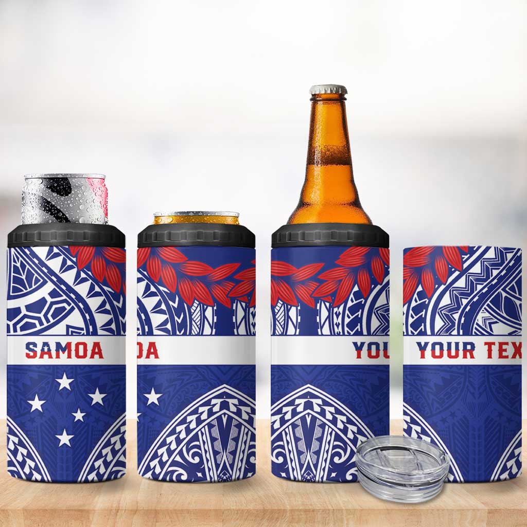 Personalised Toa Samoa Rugby Spirit 4 in 1 Can Cooler Tumbler Blue Samoan Tribal Pattern - Polynesian Pride