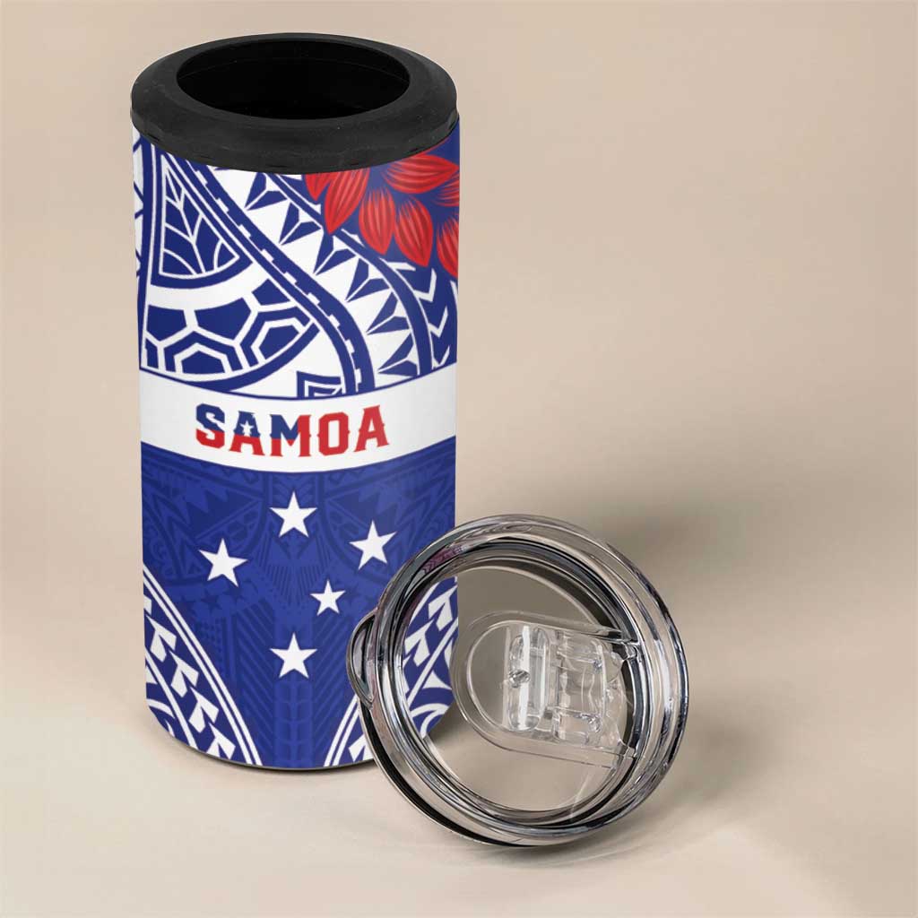 Personalised Toa Samoa Rugby Spirit 4 in 1 Can Cooler Tumbler Blue Samoan Tribal Pattern - Polynesian Pride