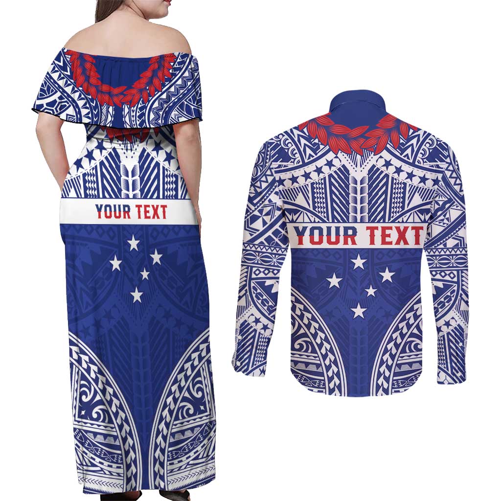 Personalised Toa Samoa Rugby Spirit Couples Matching Off Shoulder Maxi Dress and Long Sleeve Button Shirt Blue Samoan Tribal Pattern - Polynesian Pride