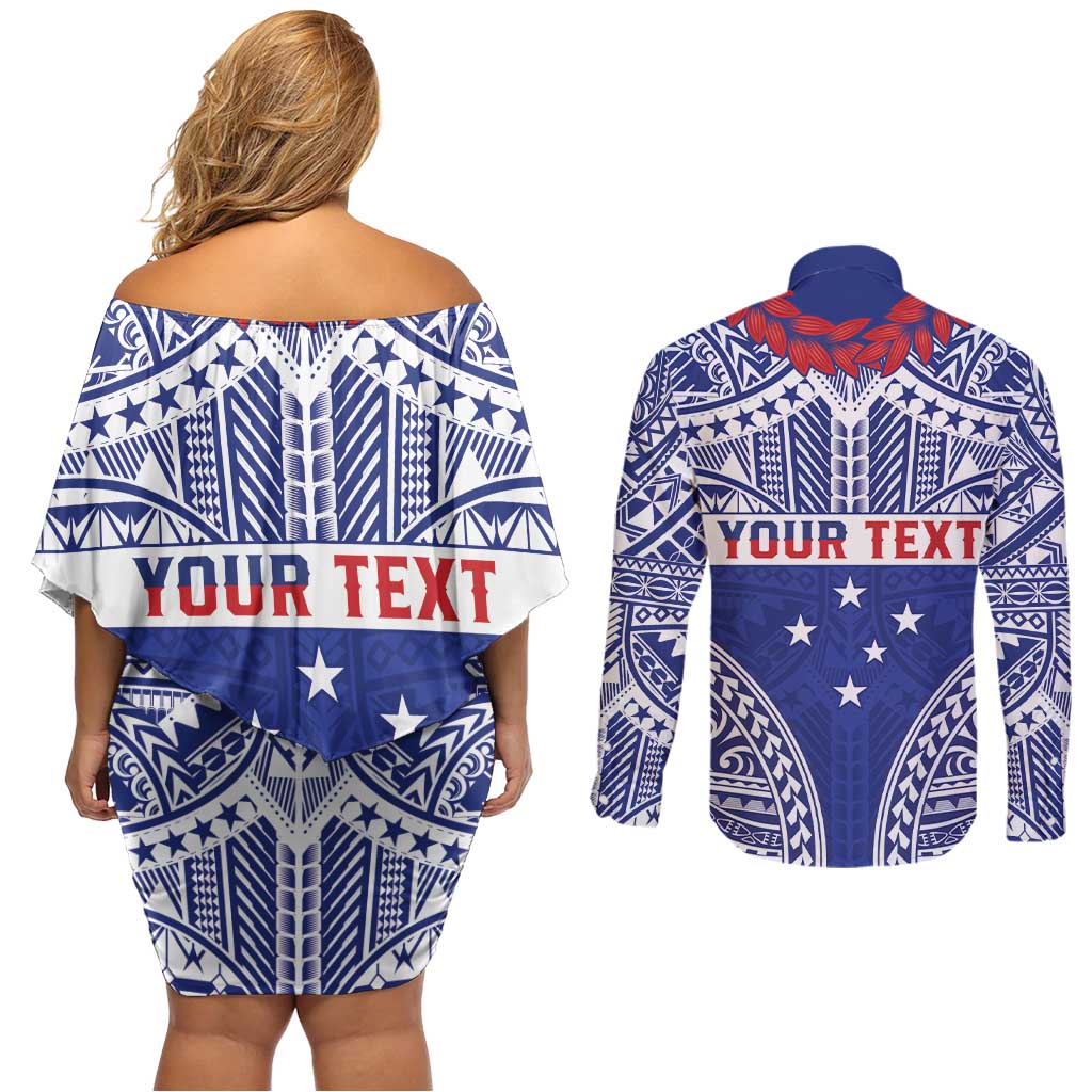 Personalised Toa Samoa Rugby Spirit Couples Matching Off Shoulder Short Dress and Long Sleeve Button Shirt Blue Samoan Tribal Pattern - Polynesian Pride