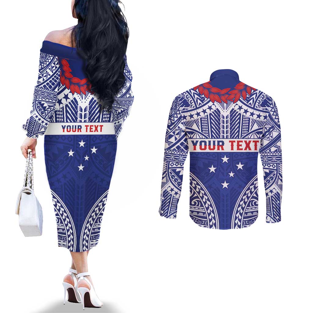 Personalised Toa Samoa Rugby Spirit Couples Matching Off The Shoulder Long Sleeve Dress and Long Sleeve Button Shirt Blue Samoan Tribal Pattern - Polynesian Pride