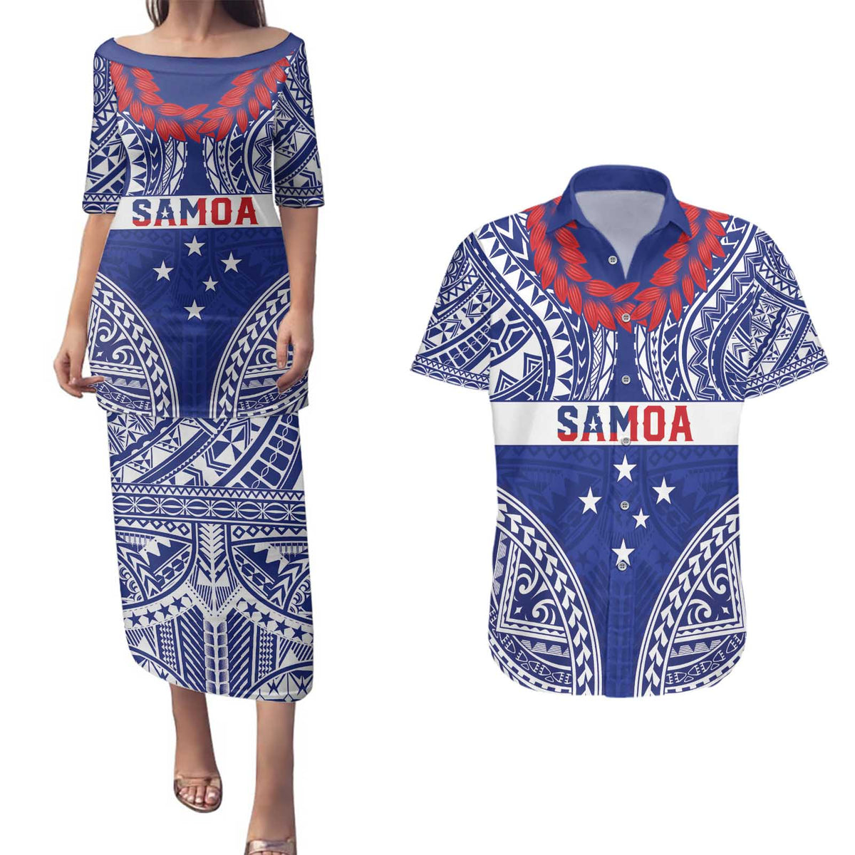 Personalised Toa Samoa Rugby Spirit Couples Matching Puletasi and Hawaiian Shirt Blue Samoan Tribal Pattern - Polynesian Pride
