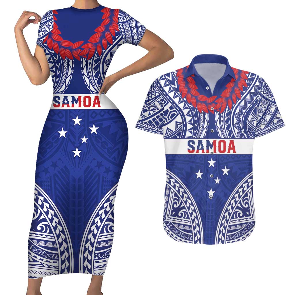 Personalised Toa Samoa Rugby Spirit Couples Matching Short Sleeve Bodycon Dress and Hawaiian Shirt Blue Samoan Tribal Pattern - Polynesian Pride