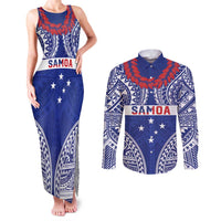 Personalised Toa Samoa Rugby Spirit Couples Matching Tank Maxi Dress and Long Sleeve Button Shirt Blue Samoan Tribal Pattern - Polynesian Pride