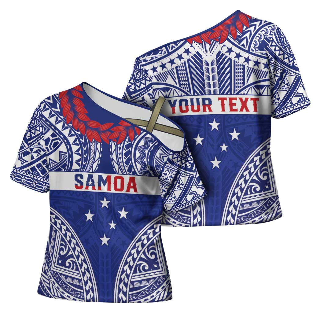 Personalised Toa Samoa Rugby Spirit Cross Shoulder Shirt Blue Samoan Tribal Pattern - Polynesian Pride