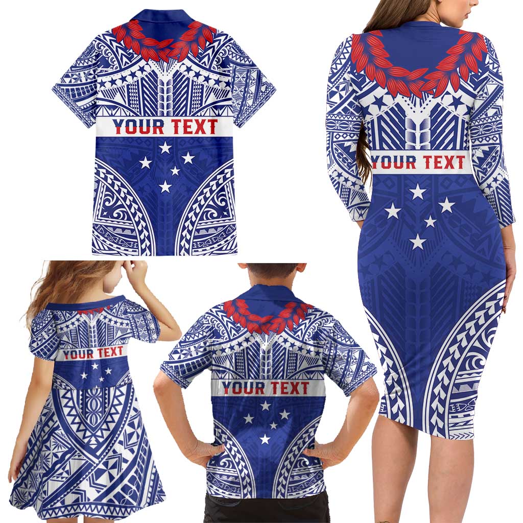 Personalised Toa Samoa Rugby Spirit Family Matching Long Sleeve Bodycon Dress and Hawaiian Shirt Blue Samoan Tribal Pattern - Polynesian Pride