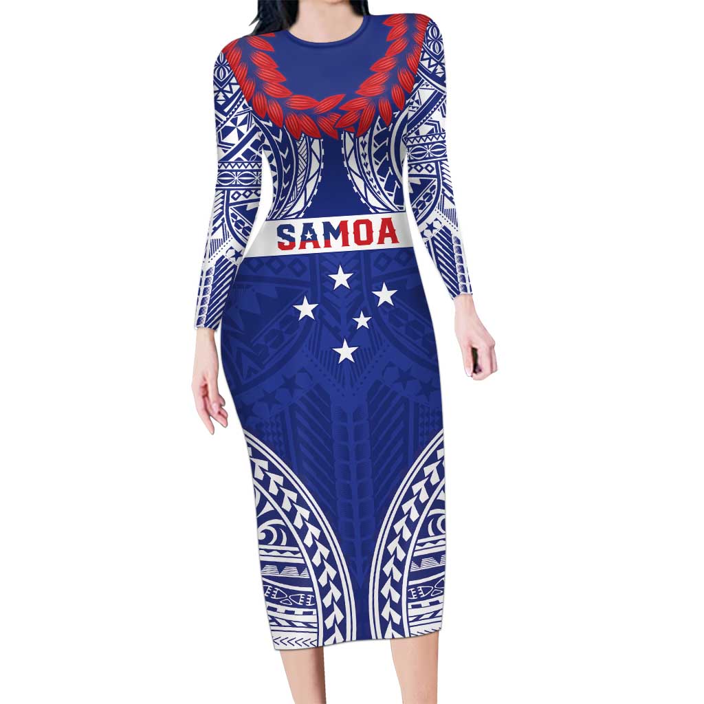 Personalised Toa Samoa Rugby Spirit Family Matching Long Sleeve Bodycon Dress and Hawaiian Shirt Blue Samoan Tribal Pattern - Polynesian Pride