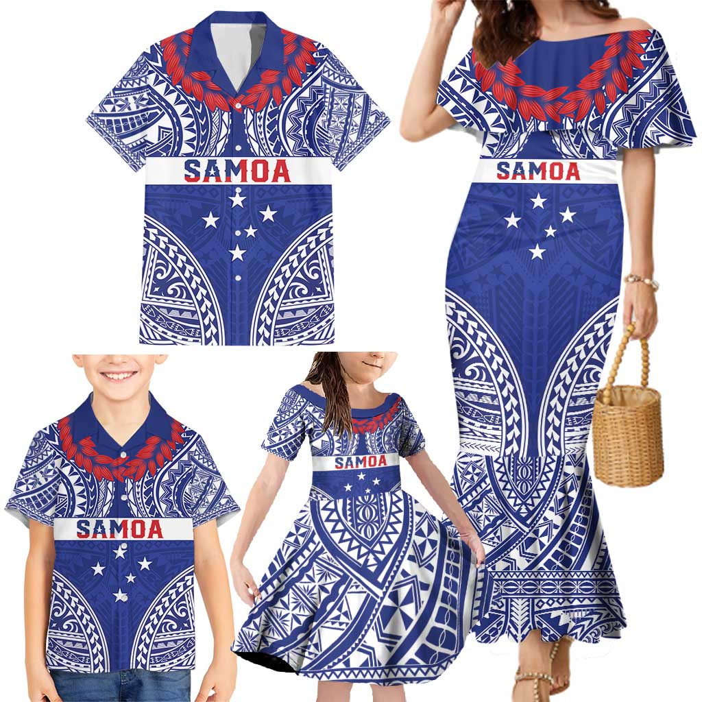 Personalised Toa Samoa Rugby Spirit Family Matching Mermaid Dress and Hawaiian Shirt Blue Samoan Tribal Pattern - Polynesian Pride