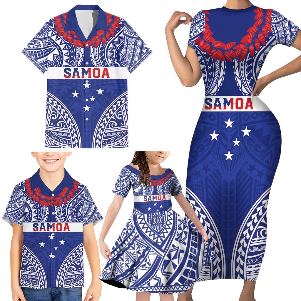 Personalised Toa Samoa Rugby Spirit Family Matching Short Sleeve Bodycon Dress and Hawaiian Shirt Blue Samoan Tribal Pattern - Polynesian Pride
