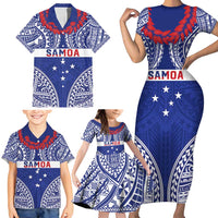 Personalised Toa Samoa Rugby Spirit Family Matching Short Sleeve Bodycon Dress and Hawaiian Shirt Blue Samoan Tribal Pattern - Polynesian Pride