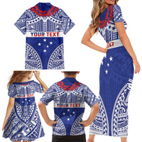 Personalised Toa Samoa Rugby Spirit Family Matching Short Sleeve Bodycon Dress and Hawaiian Shirt Blue Samoan Tribal Pattern - Polynesian Pride