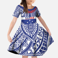 Personalised Toa Samoa Rugby Spirit Kid Short Sleeve Dress Blue Samoan Tribal Pattern - Polynesian Pride
