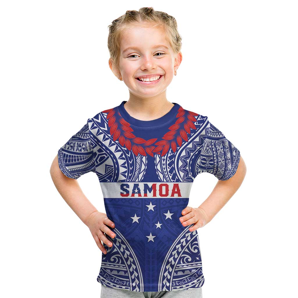 Personalised Toa Samoa Rugby Spirit Kid T Shirt Blue Samoan Tribal Pattern - Polynesian Pride