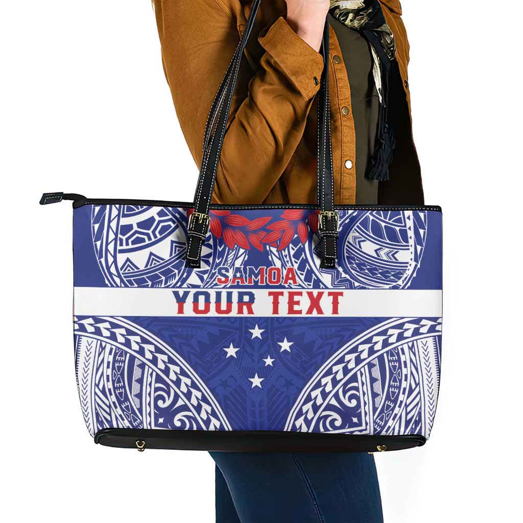 Personalised Toa Samoa Rugby Spirit Leather Tote Bag Blue Samoan Tribal Pattern - Polynesian Pride