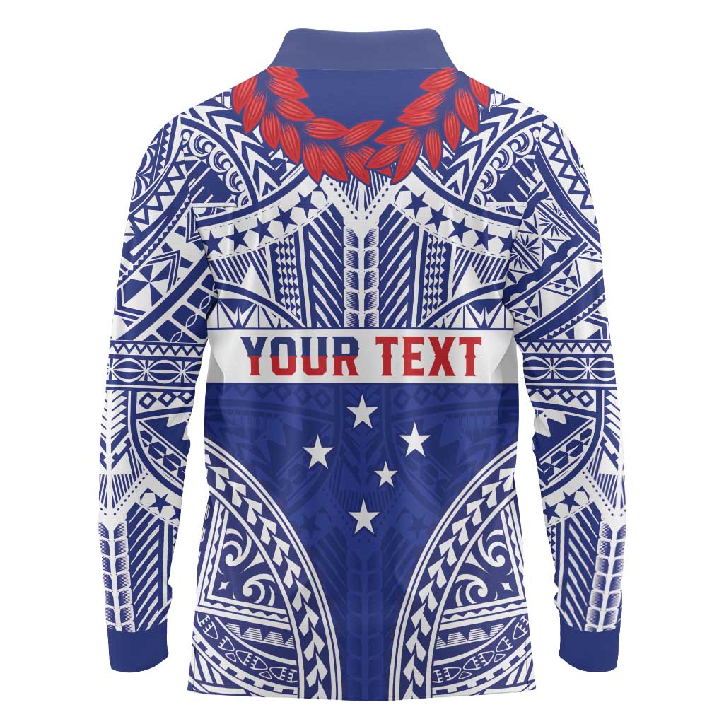 Personalised Toa Samoa Rugby Spirit Long Sleeve Polo Shirt Blue Samoan Tribal Pattern - Polynesian Pride