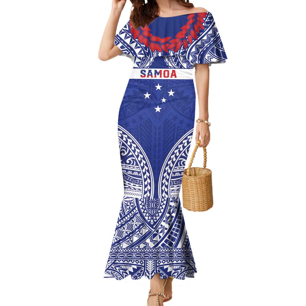 Personalised Toa Samoa Rugby Spirit Mermaid Dress Blue Samoan Tribal Pattern - Polynesian Pride