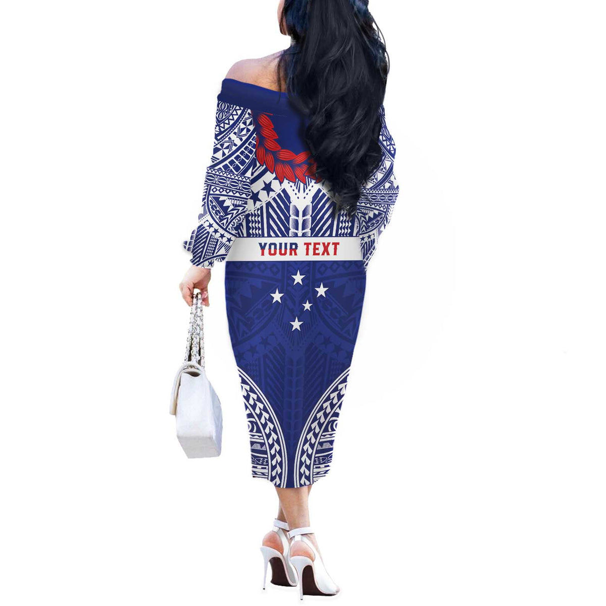 Personalised Toa Samoa Rugby Spirit Off The Shoulder Long Sleeve Dress Blue Samoan Tribal Pattern - Polynesian Pride