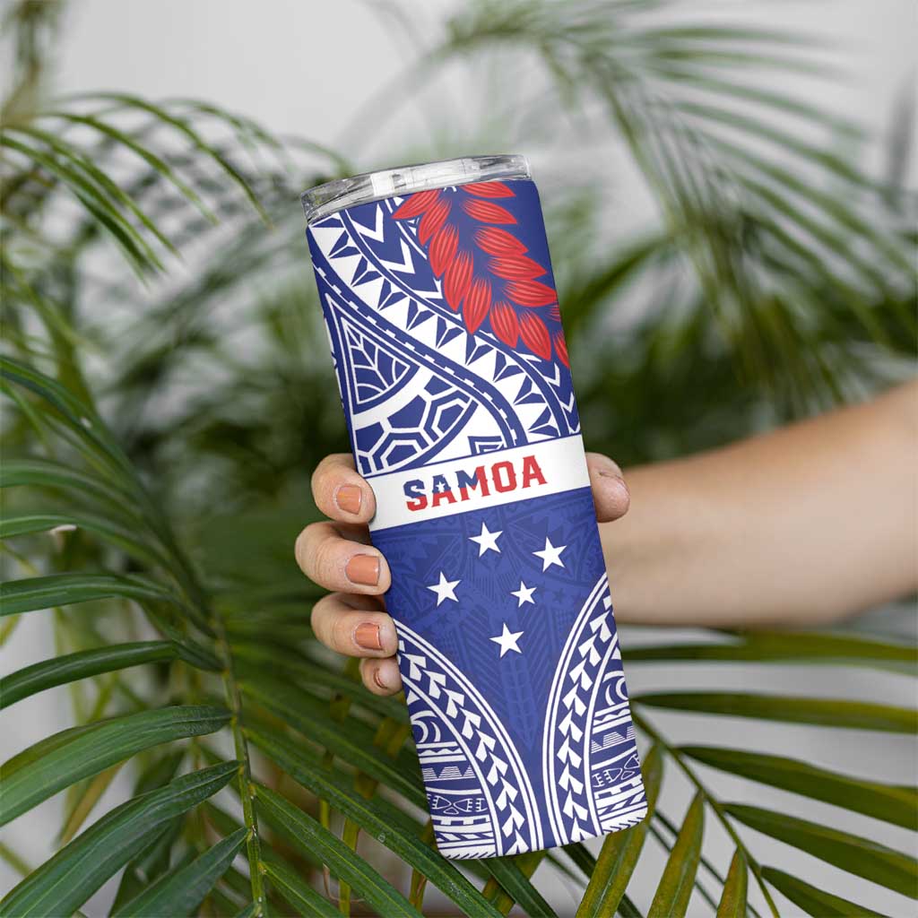 Personalised Toa Samoa Rugby Spirit Skinny Tumbler Blue Samoan Tribal Pattern - Polynesian Pride