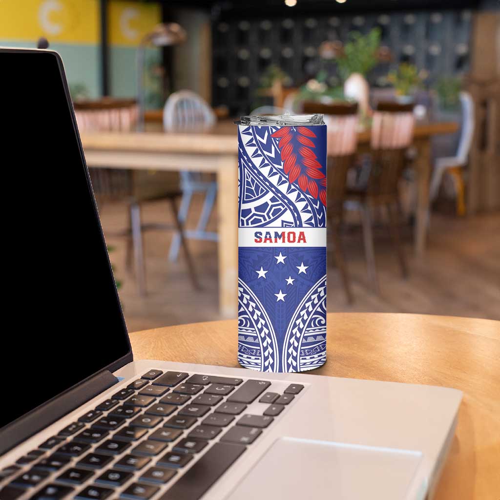 Personalised Toa Samoa Rugby Spirit Skinny Tumbler Blue Samoan Tribal Pattern - Polynesian Pride