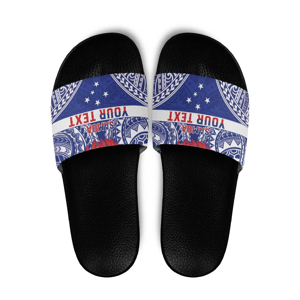 Personalised Toa Samoa Rugby Spirit Slide Sandals Blue Samoan Tribal Pattern - Polynesian Pride