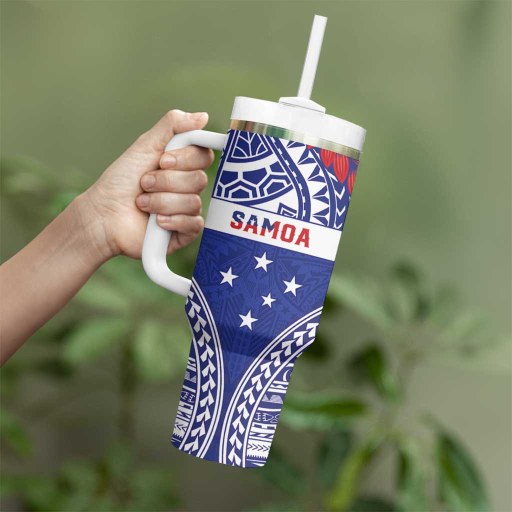Personalised Toa Samoa Rugby Spirit Tumbler With Handle Blue Samoan Tribal Pattern - Polynesian Pride