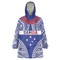 Personalised Toa Samoa Rugby Spirit Wearable Blanket Hoodie Blue Samoan Tribal Pattern - Polynesian Pride