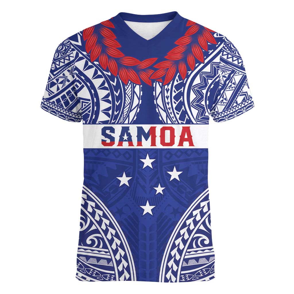 Personalised Toa Samoa Rugby Spirit Women V-Neck T-Shirt Blue Samoan Tribal Pattern - Polynesian Pride