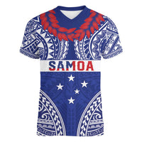 Personalised Toa Samoa Rugby Spirit Women V-Neck T-Shirt Blue Samoan Tribal Pattern - Polynesian Pride