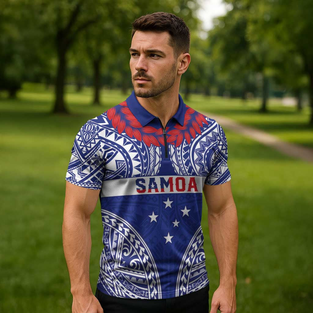 Personalised Toa Samoa Rugby Spirit Zipper Polo Shirt Blue Samoan Tribal Pattern - Polynesian Pride