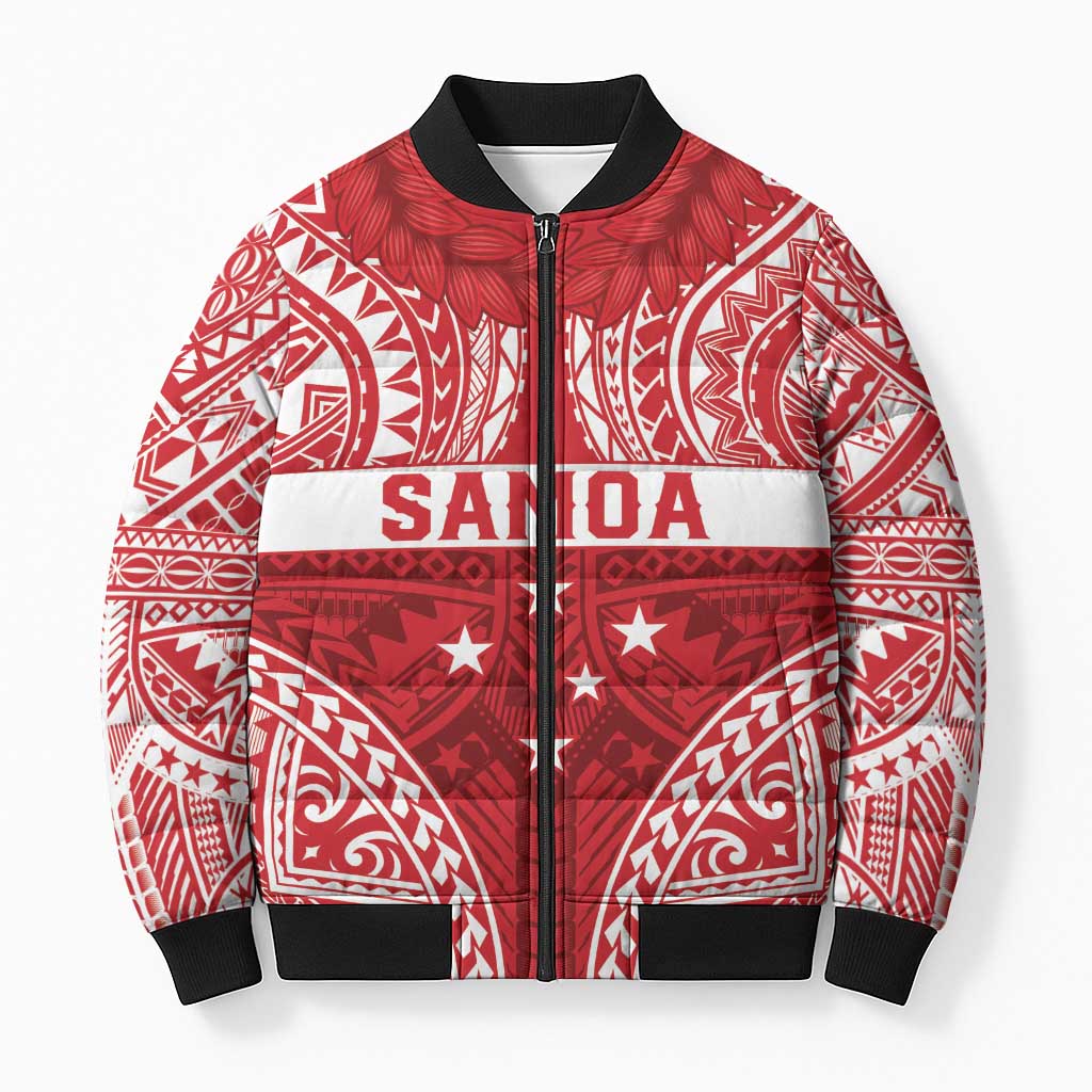 Personalised Toa Samoa Rugby Spirit Bomber Puffer Jacket Red Samoan Tribal Pattern - Polynesian Pride