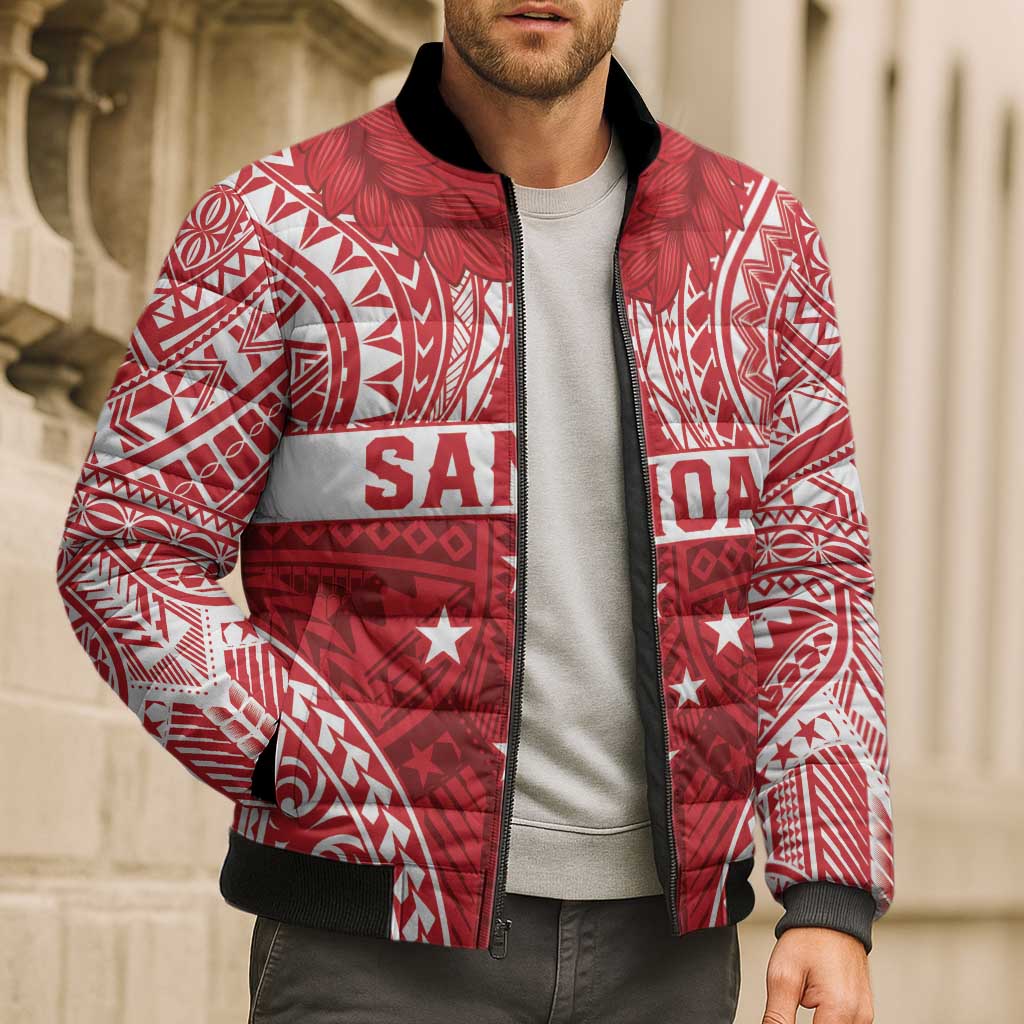 Personalised Toa Samoa Rugby Spirit Bomber Puffer Jacket Red Samoan Tribal Pattern - Polynesian Pride