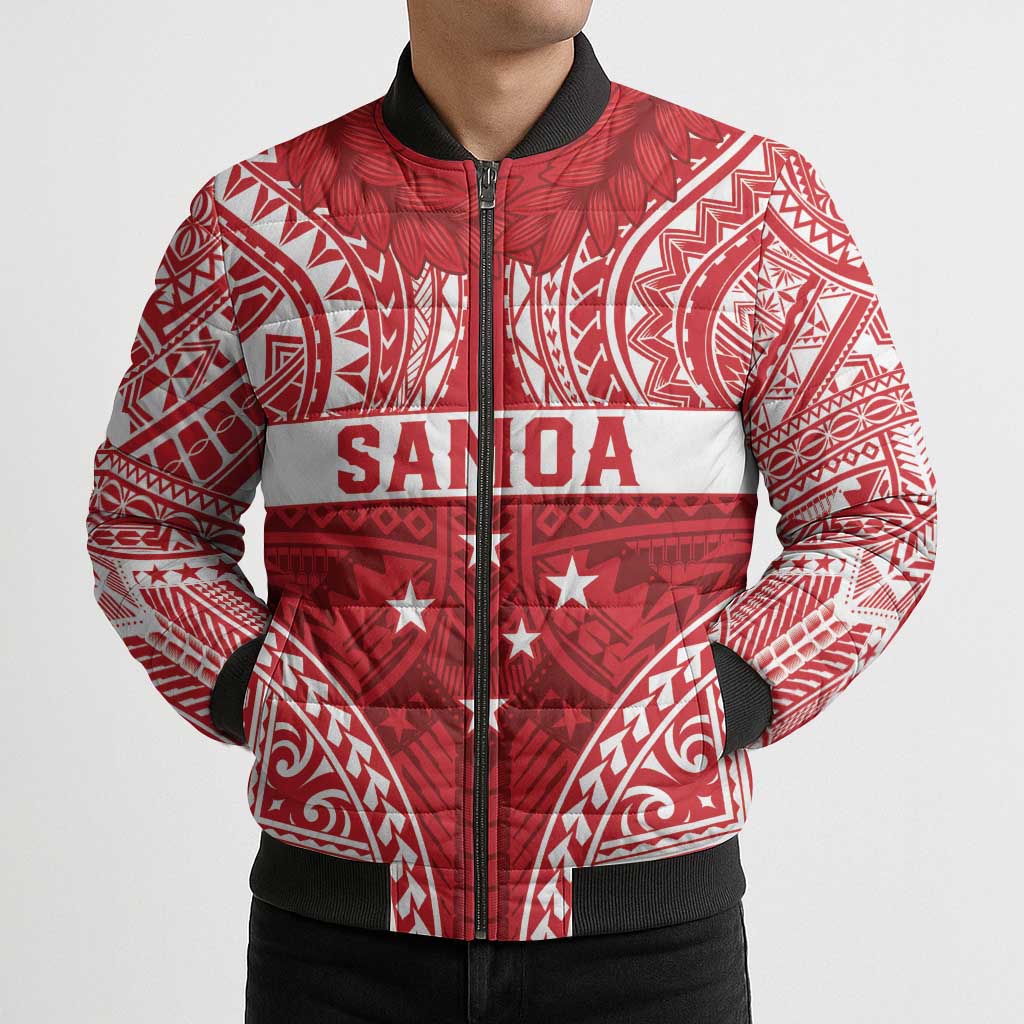 Personalised Toa Samoa Rugby Spirit Bomber Puffer Jacket Red Samoan Tribal Pattern - Polynesian Pride