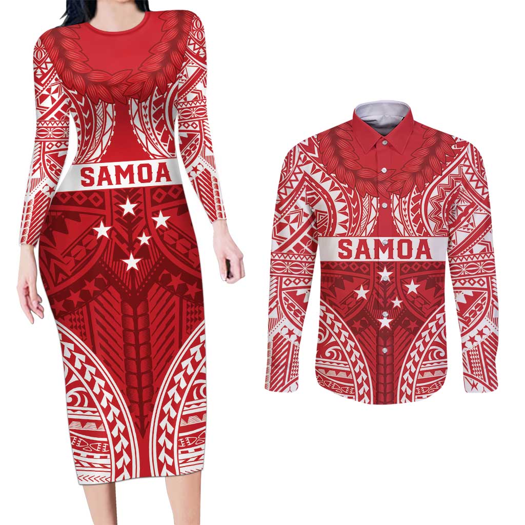 Personalised Toa Samoa Rugby Spirit Couples Matching Long Sleeve Bodycon Dress and Long Sleeve Button Shirt Red Samoan Tribal Pattern - Polynesian Pride