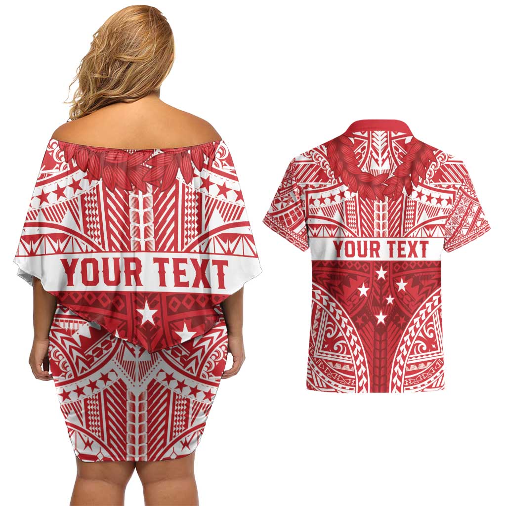 Personalised Toa Samoa Rugby Spirit Couples Matching Off Shoulder Short Dress and Hawaiian Shirt Red Samoan Tribal Pattern - Polynesian Pride