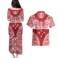 Personalised Toa Samoa Rugby Spirit Couples Matching Puletasi and Hawaiian Shirt Red Samoan Tribal Pattern - Polynesian Pride